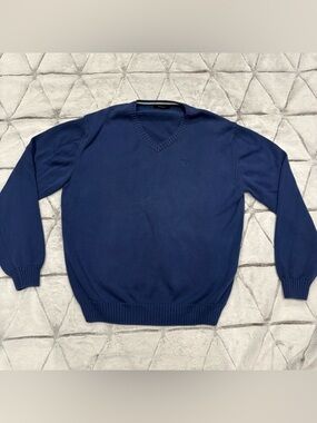 Barbour Mens Navy Blue Jumper Sweater V Neckline Size XL Cotton Logo Detail Knit